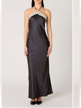 NIA Vesper Lace Satin Halter Maxi Dress